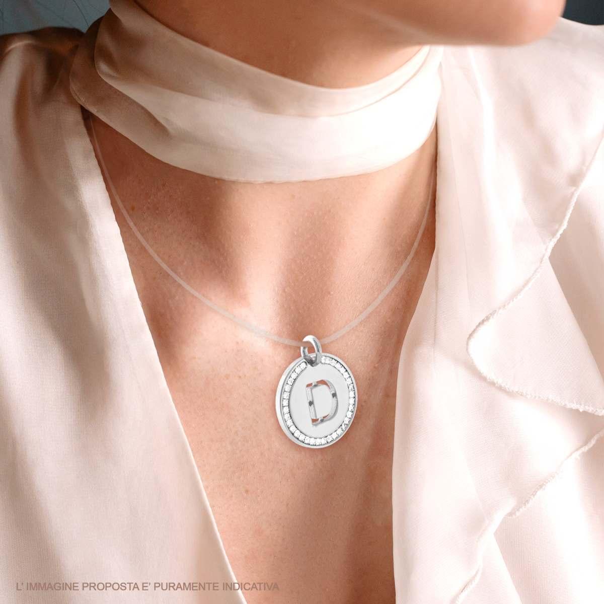 Ciondolo Tondo mm 30 con Lettera Iniziale Nome traforata e Crystal Bianchi in ACCIAIO