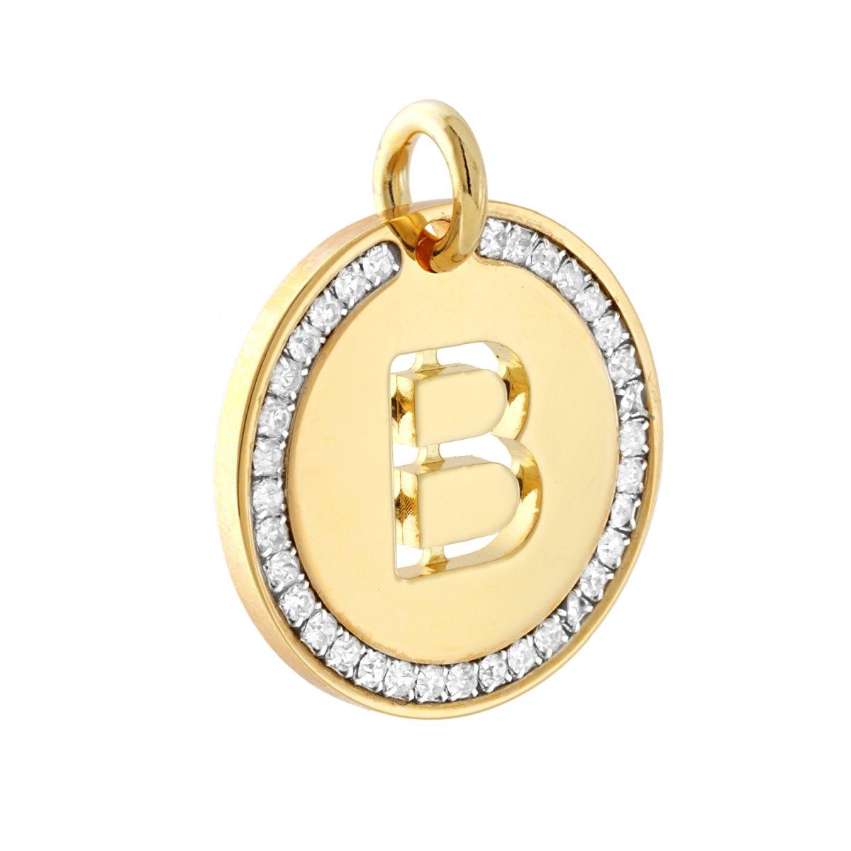Ciondolo Tondo mm 30 con Lettera Iniziale Nome traforata e Crystal Bianchi in ACCIAIO colore Oro