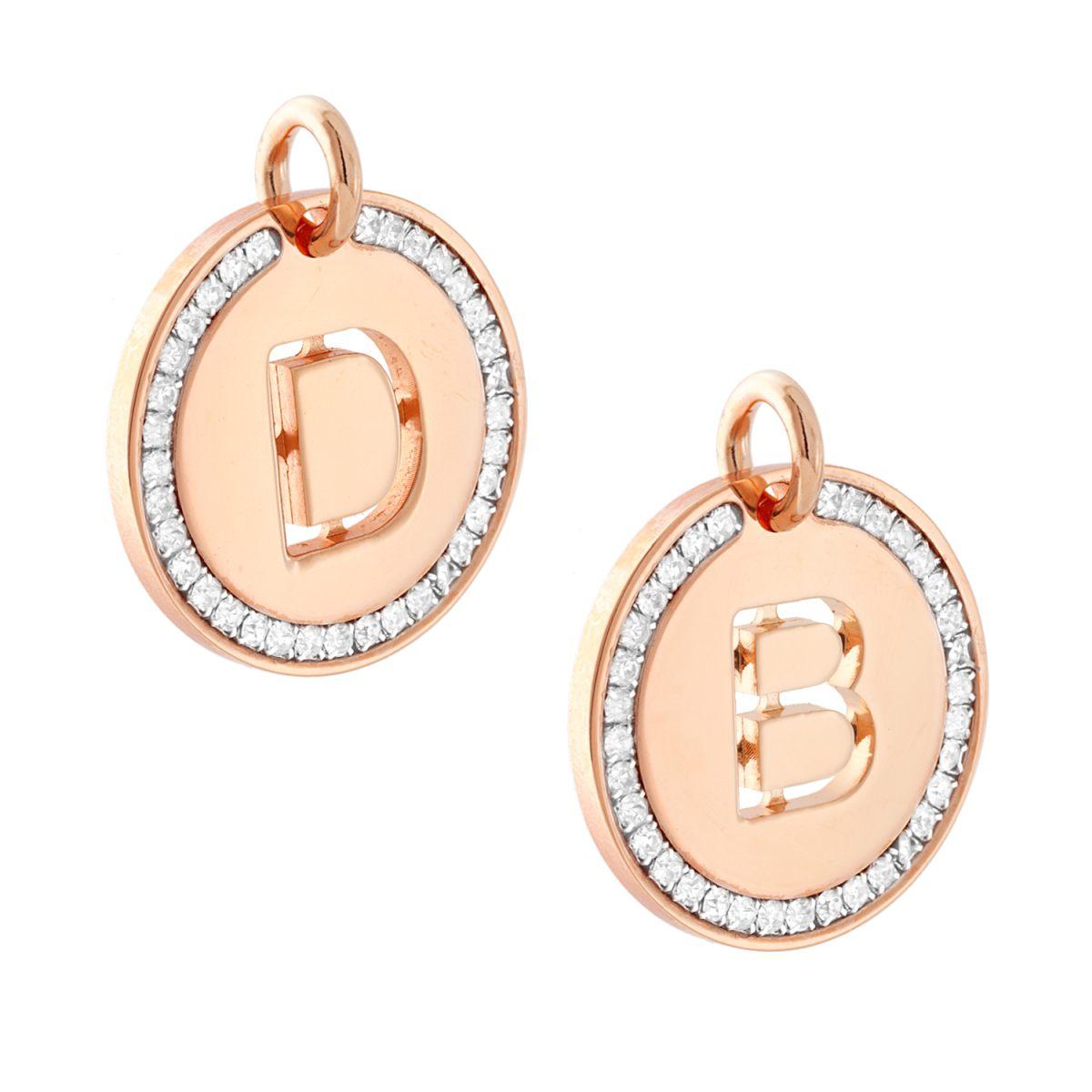 Ciondolo Tondo mm 30 con Lettera Iniziale Nome traforata e Crystal Bianchi in ACCIAIO colore Rosa