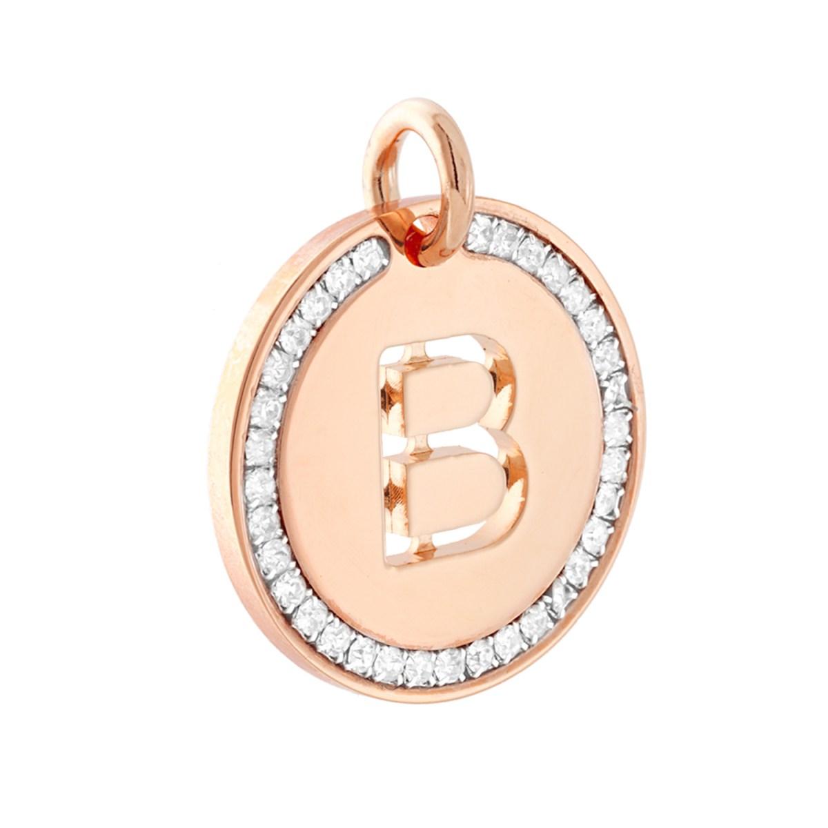 Ciondolo Tondo mm 30 con Lettera Iniziale Nome traforata e Crystal Bianchi in ACCIAIO colore Rosa
