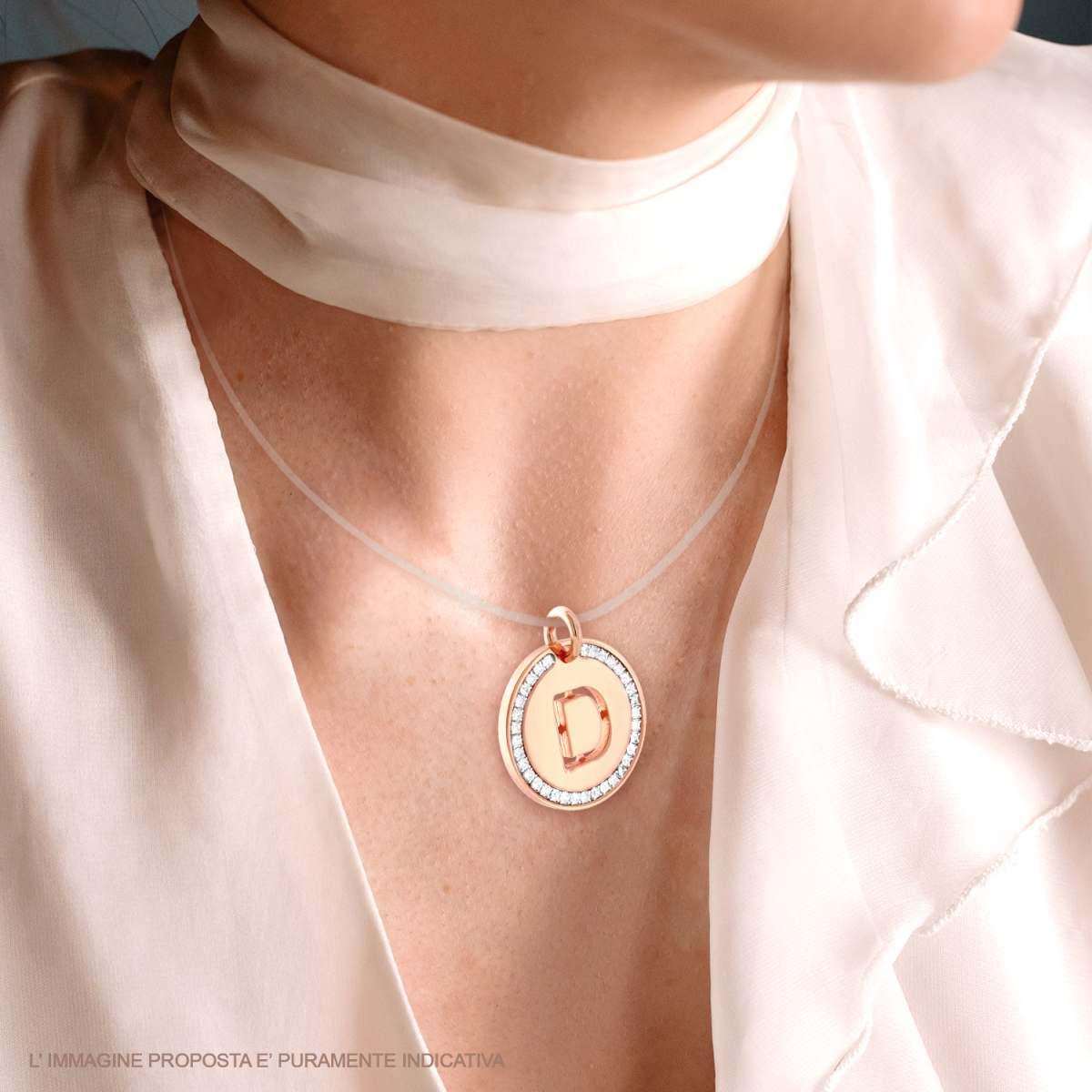 Ciondolo Tondo mm 30 con Lettera Iniziale Nome traforata e Crystal Bianchi in ACCIAIO colore Rosa