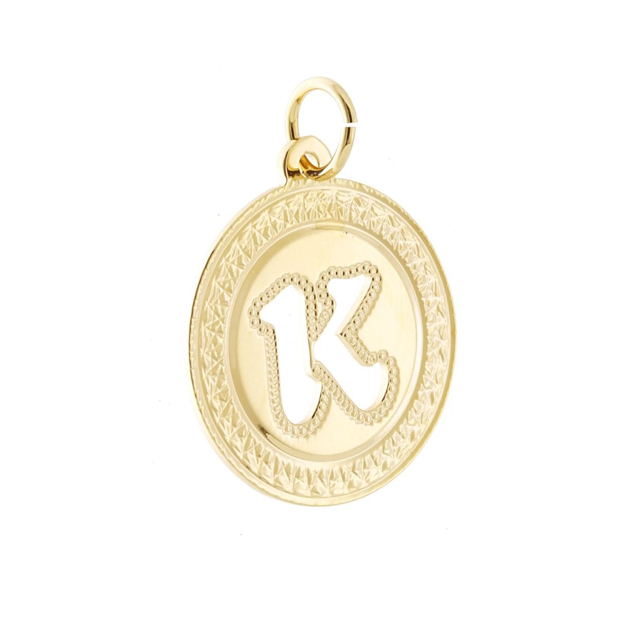 Ciondolo Tondo mm 28 Diamantato con Lettera Iniziale Nome traforata in ACCIAIO colore Oro