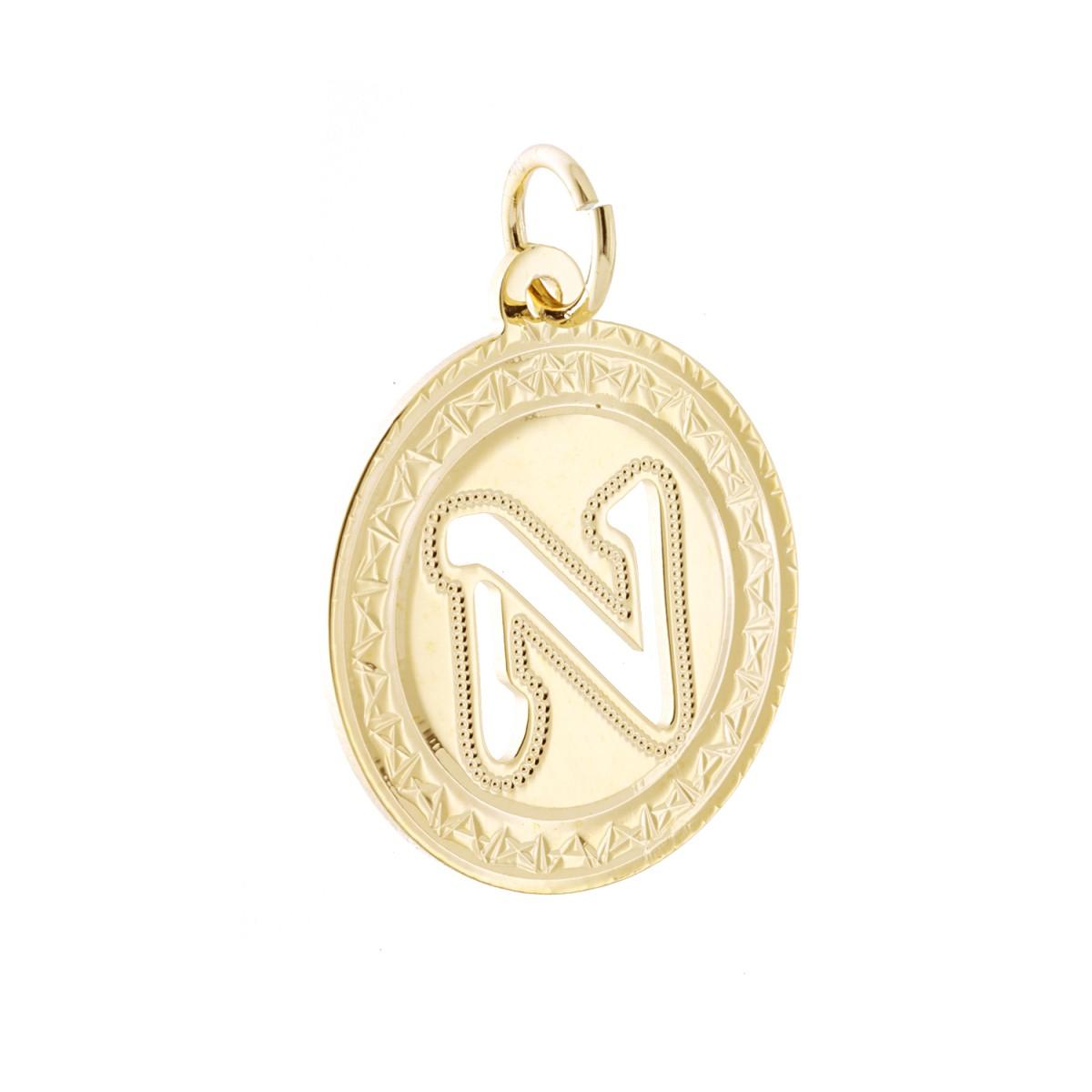 Ciondolo Tondo mm 28 Diamantato con Lettera Iniziale Nome traforata in ACCIAIO colore Oro