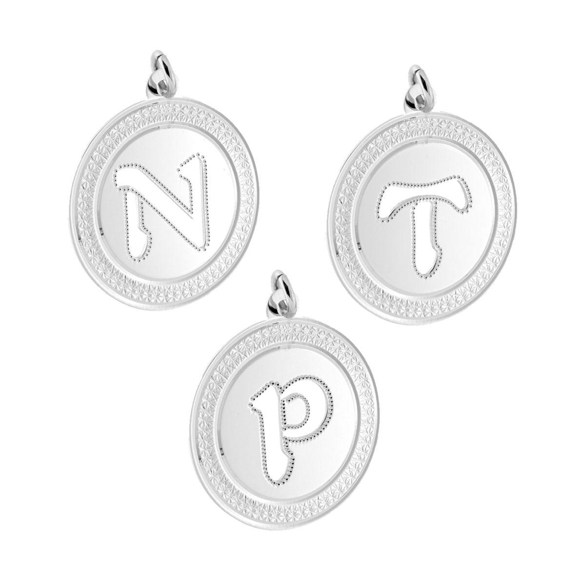 Ciondolo Tondo mm 45 Diamantato con Lettera Iniziale Nome traforata in ACCIAIO