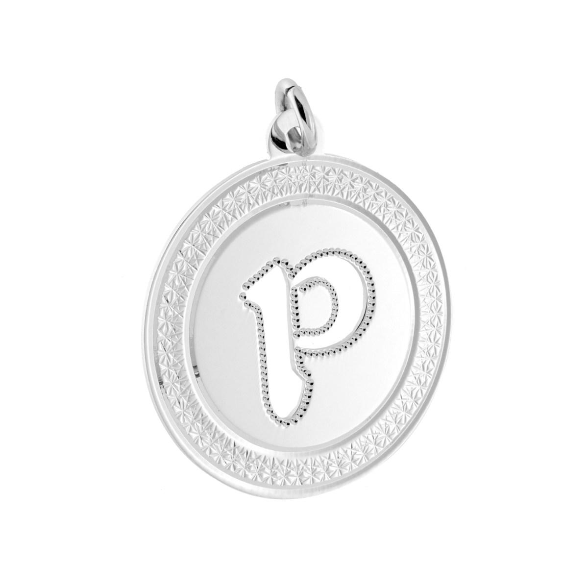 Ciondolo Tondo mm 45 Diamantato con Lettera Iniziale Nome traforata in ACCIAIO