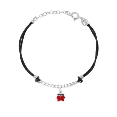 Bracciale Cordoncino Cotone Nero con centrale Tennis Cubic Zironia Bianchi e Coccinella portafortuna smalto Rosso in ARGENTO 925 Galvanica Rodio