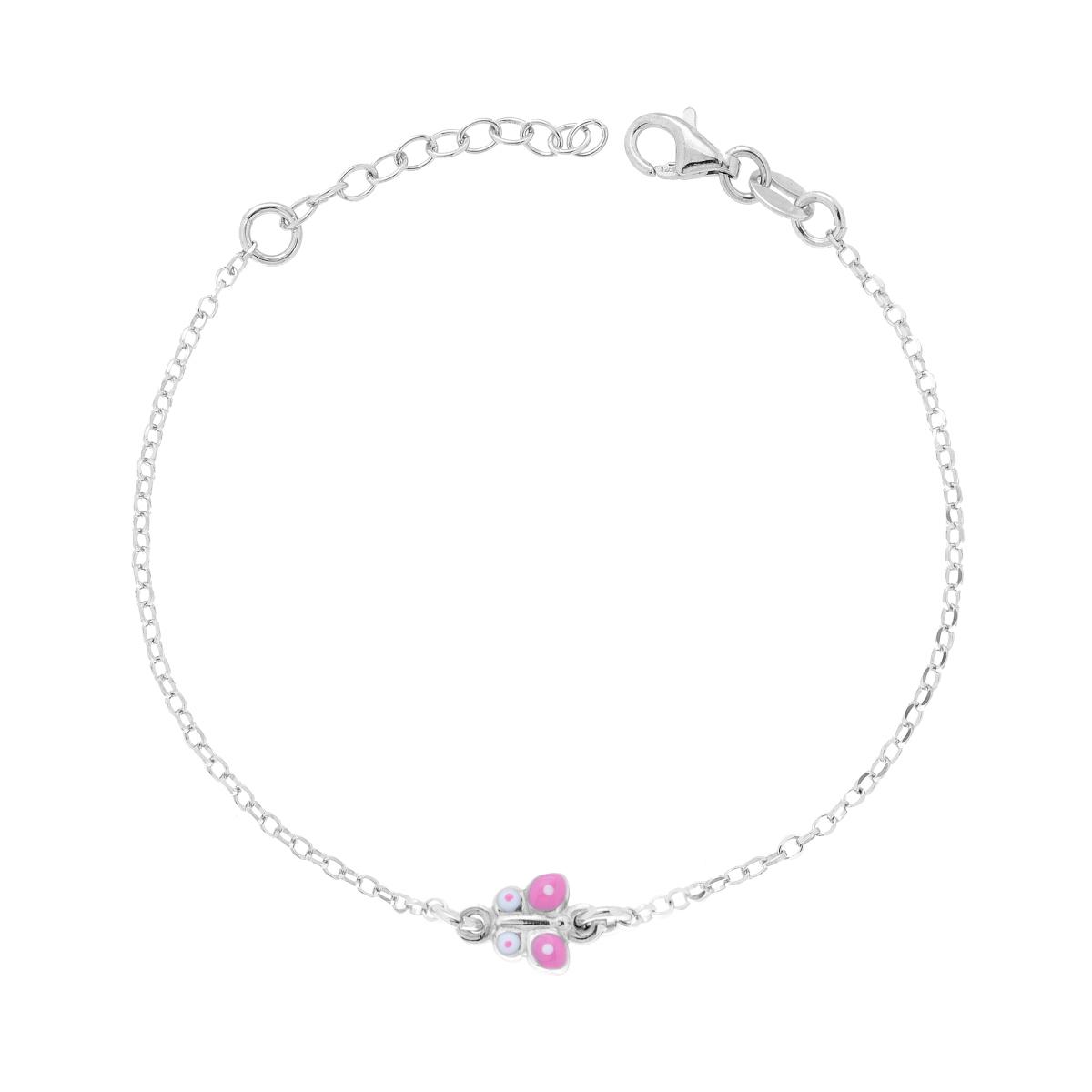 Bracciale Bimbo Bimba Catena Rolo con Farfalla smalto Rosa in ARGENTO 925 Galvanica Rodio