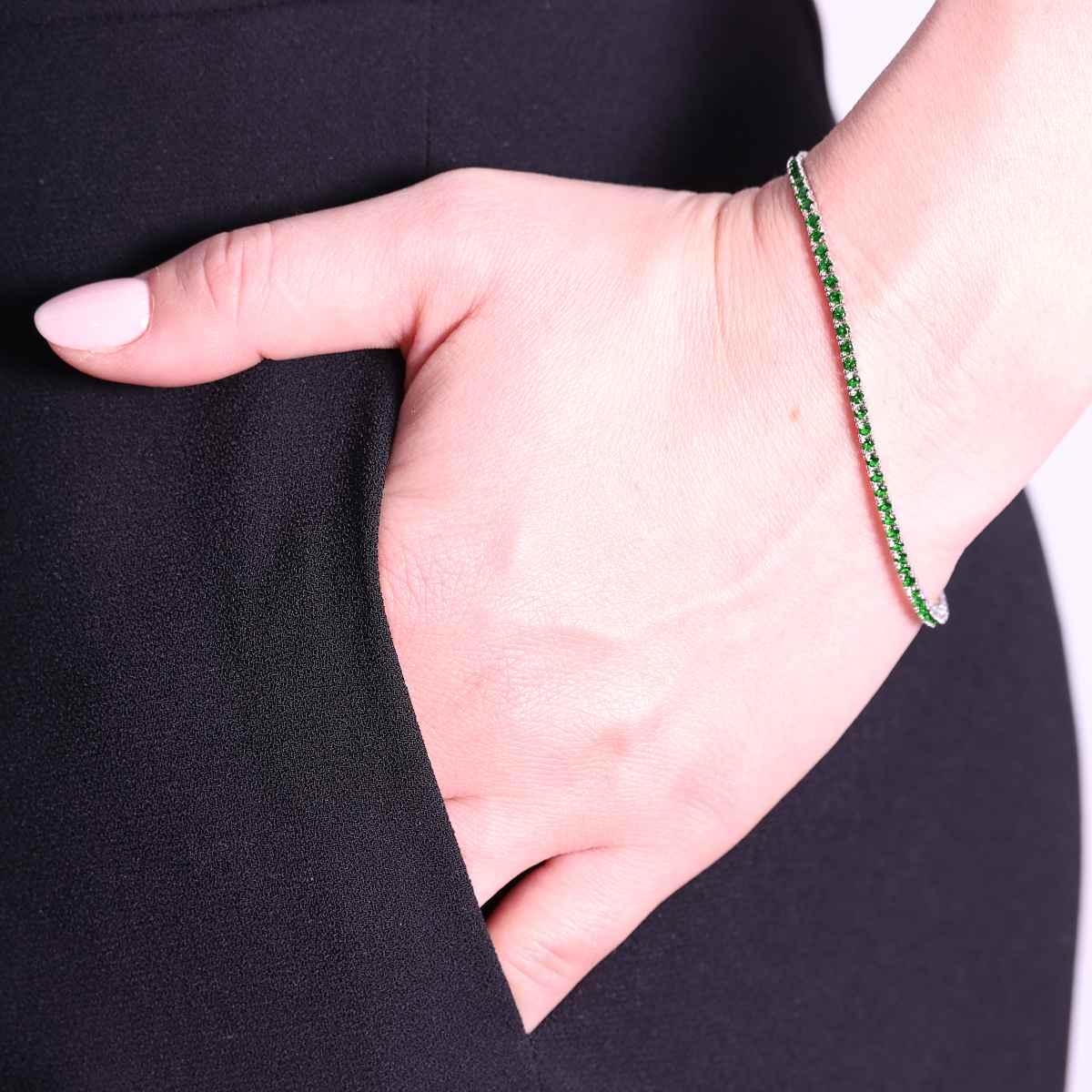 Bracciale Tennis Griffe cm 16.5 con Zirconi mm 2 Verde Smeraldo in ARGENTO 925 Galvanica Rodio