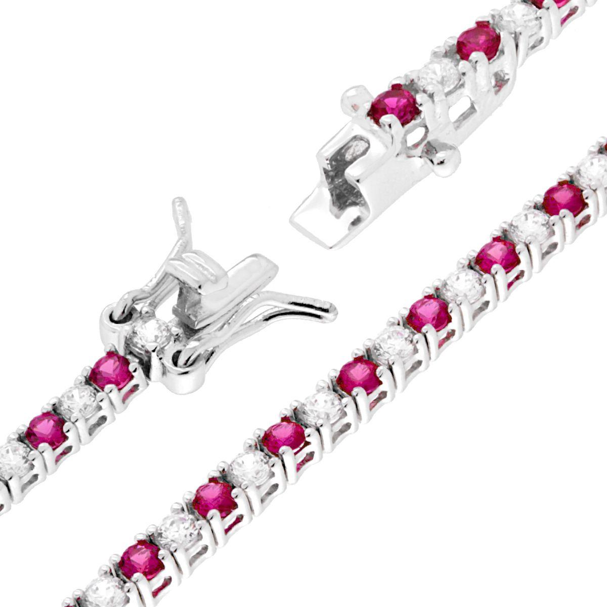 Bracciale Tennis Griffe cm 16.5 con Zirconi mm 2 Bianchi e Rosso Rubino alternati in ARGENTO 925 Galvanica Rodio