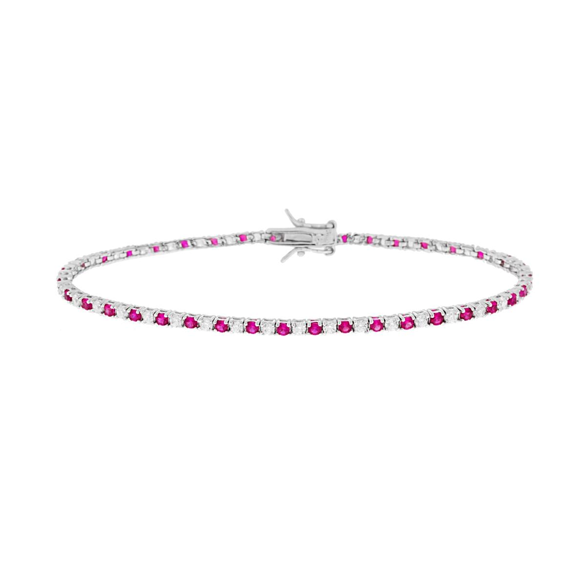 Bracciale Tennis Griffe cm 16.5 con Zirconi mm 2 Bianchi e Rosso Rubino alternati in ARGENTO 925 Galvanica Rodio