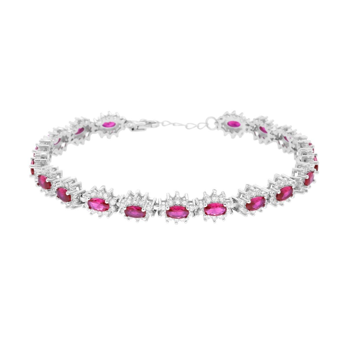 Bracciale Tennis Griffe cm 18+3 Ovale con Cubic Zirconia Rosso Rubino contornato da Cubic Zirconia Bianchi in ARGENTO 925 Galvanica Rodio