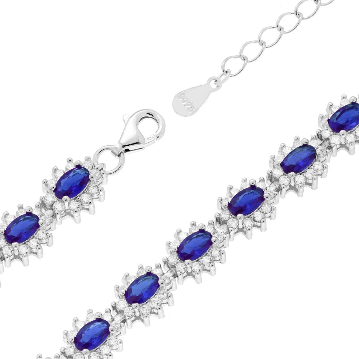 Bracciale Tennis Griffe cm 18+3 Ovale con Cubic Zirconia Blu Zaffiro contornato da Cubic Zirconia Bianchi in ARGENTO 925 Galvanica Rodio