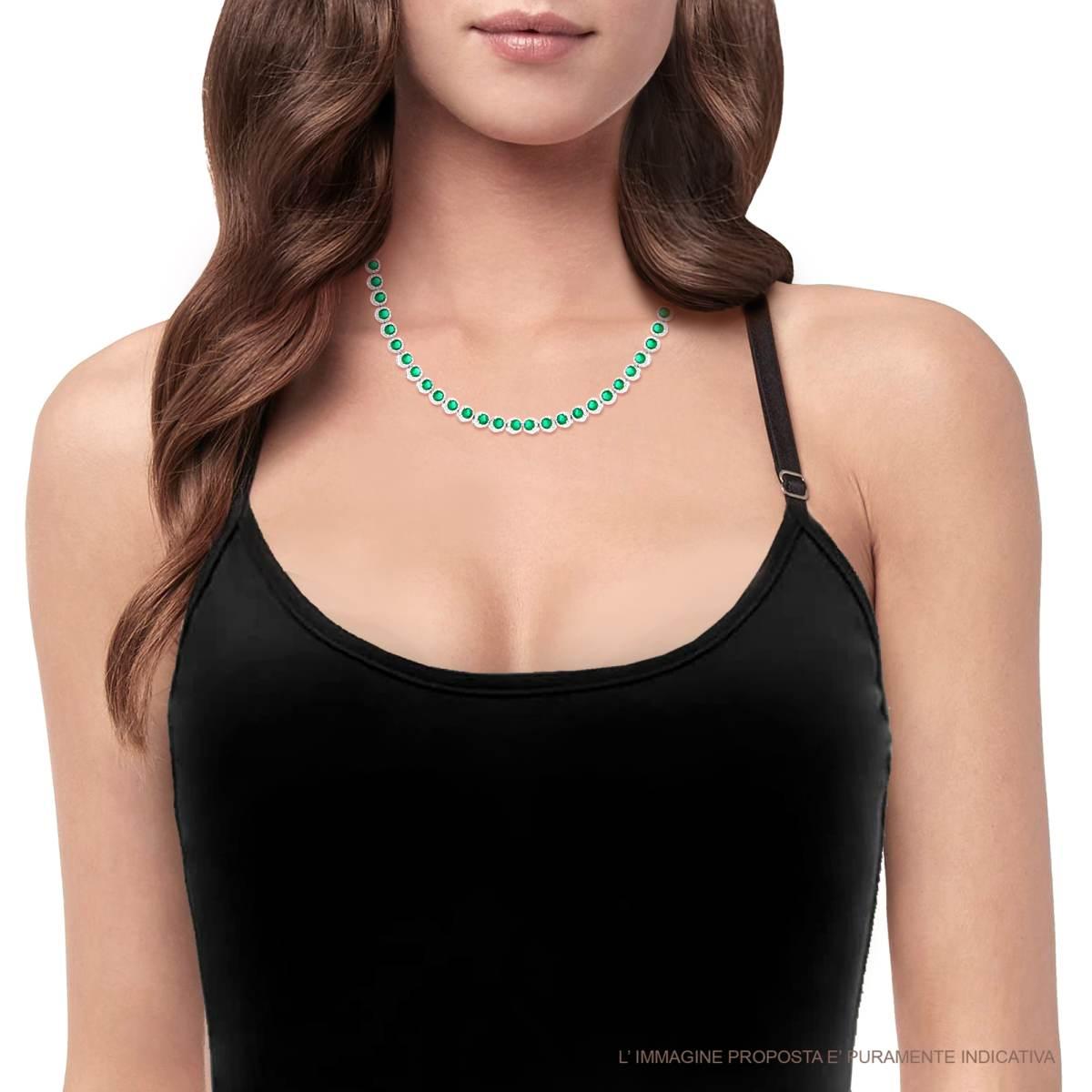 Collana Tennis Griffe cm 42 Tondo con Cubic Zirconia Verde Smeraldo contornato da Cubic Zirconia Bianchi in ARGENTO 925 Galvanica Rodio