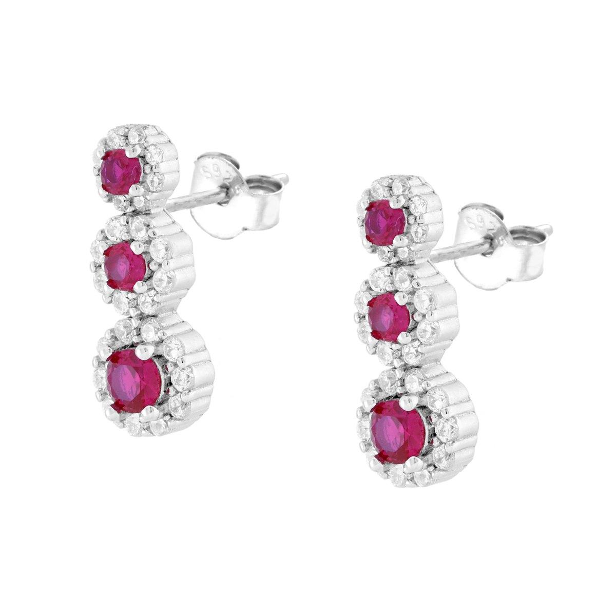 Orecchini Trilogy Degrade Fiori Rosso Rubino contornati da Cubic Zirconia Bianchi in ARGENTO 925 Galvanica Rodio