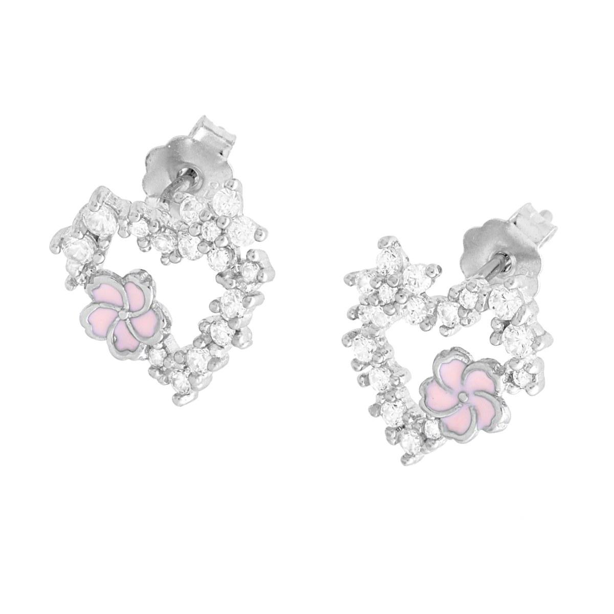 Orecchini Cuore con Cubic Zirconia Bianchi e Fiore smalto Rosa in ARGENTO 925 Galvanica Rodio