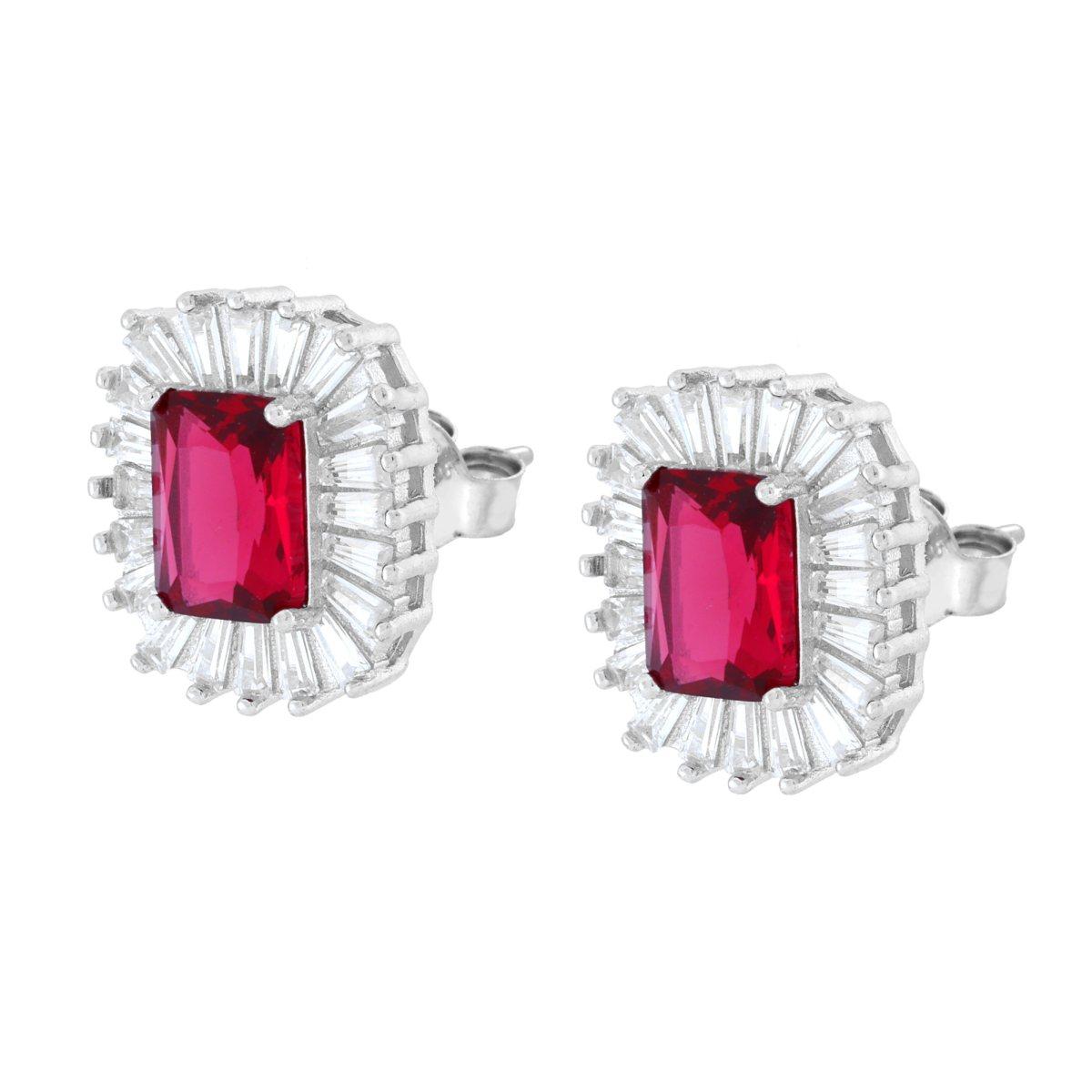 Orecchini Rettangolari Cubic Zirconia Rosso Rubino contornato da Cubic Zirconia Trapezio Bianchi in ARGENTO 925 Galvanic Rhodium