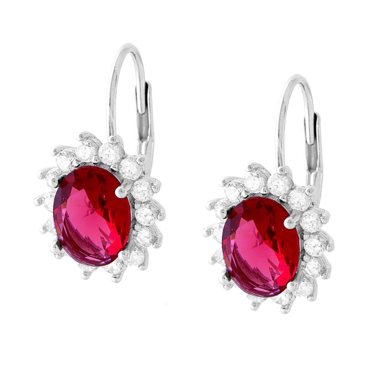 Orecchini Monachella con Ovale Rosso Rubino contornato da Cubic Zirconia Bianchi in ARGENTO 925 Galvanica Rodio