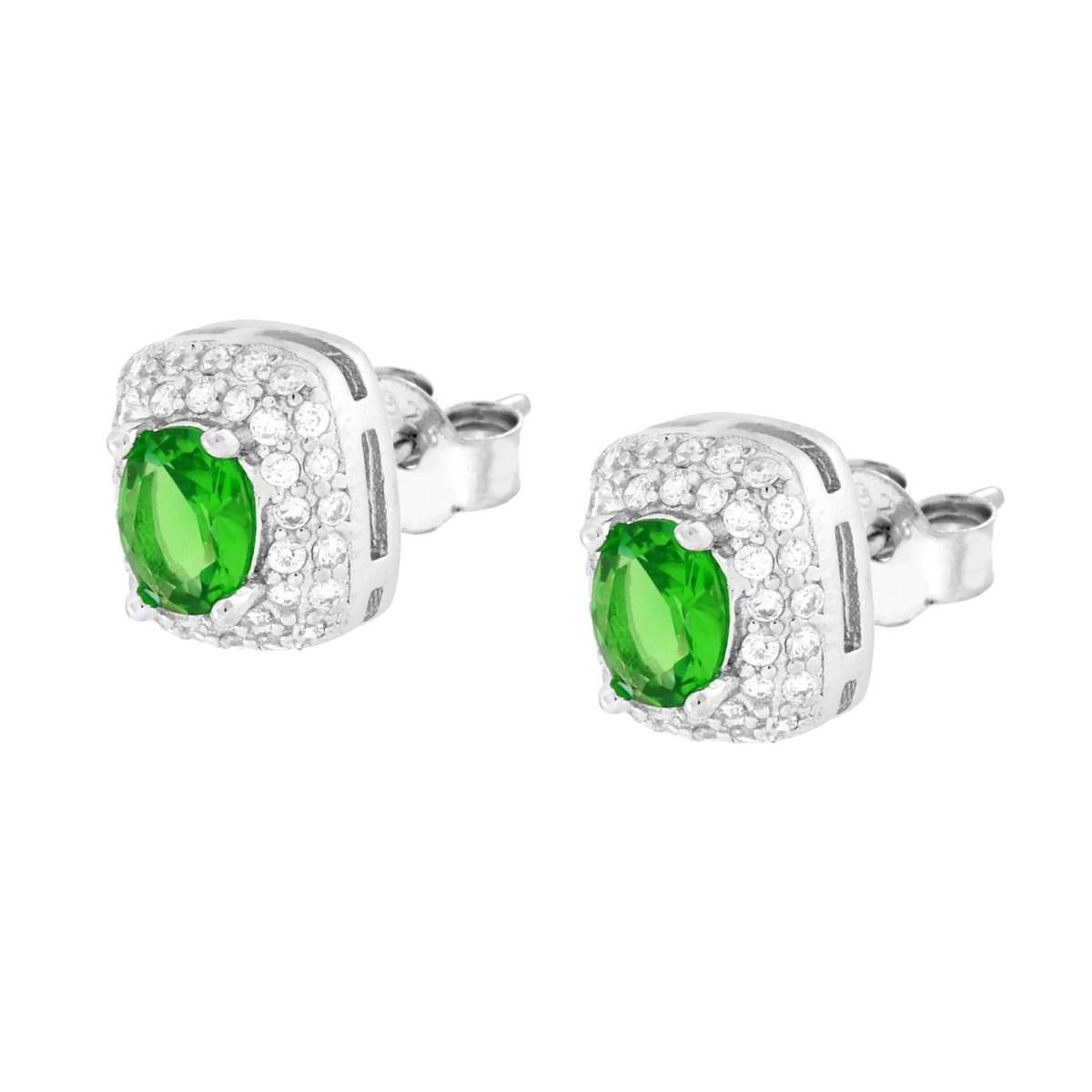 Orecchini Rettangolari Cubic Zirconia Ovale Verde Smeraldo contornato da Cubic Zirconia Bianchi in ARGENTO 925 Galvanica Rodio