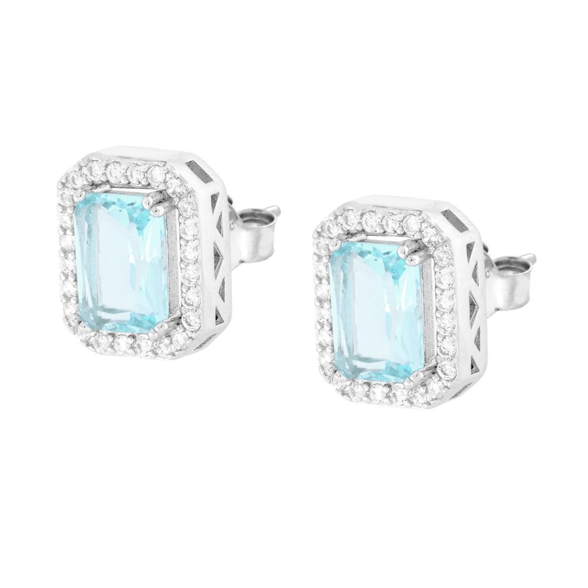 Orecchini Rettangolari Cubic Zirconia Acquamarina contornato da Cubic Zirconia Bianchi in ARGENTO 925 Galvanica Rodio
