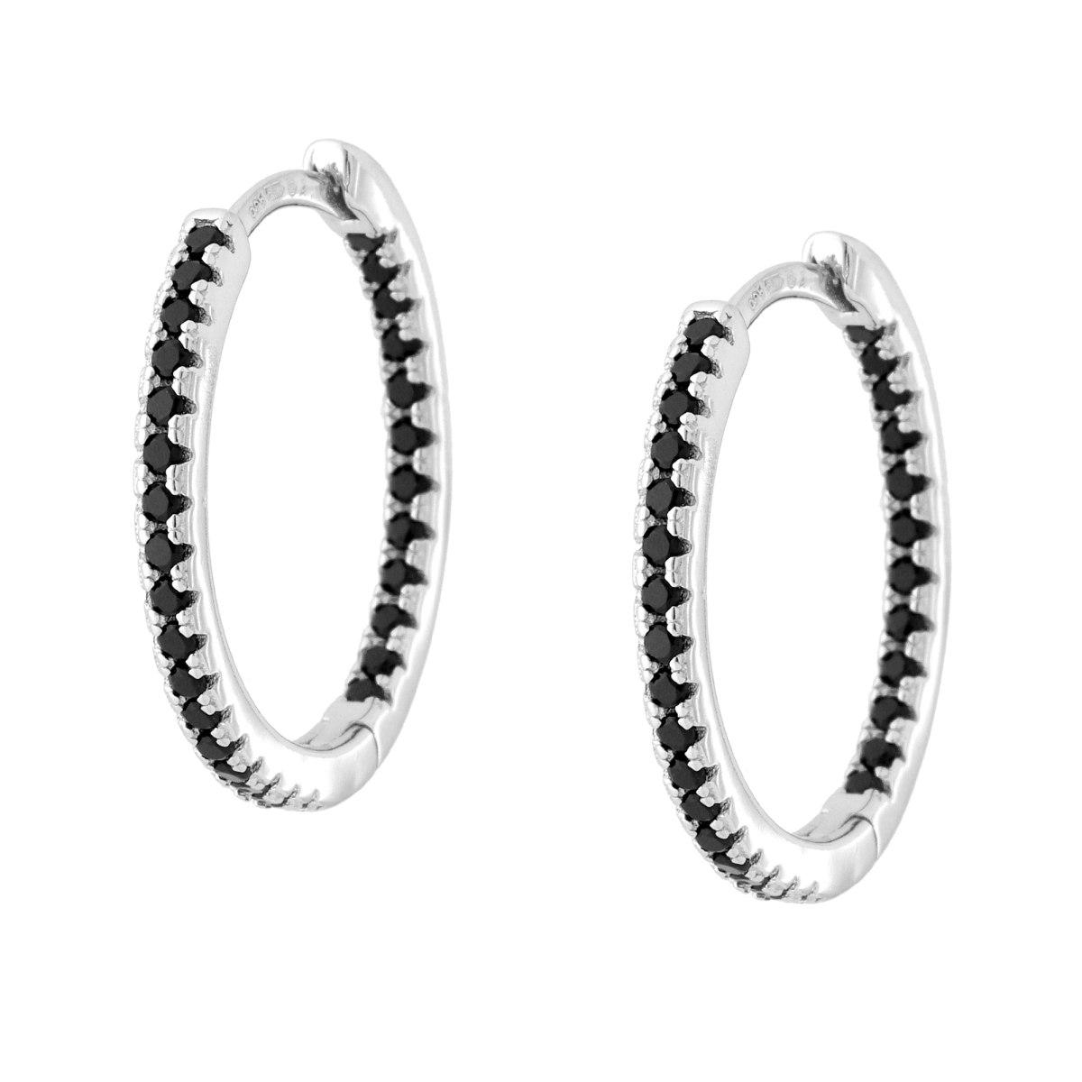 Orecchini Cerchio Scattino mm 20 con Cubic Zirconia Neri in ARGENTO 925 Galvanica Rodio