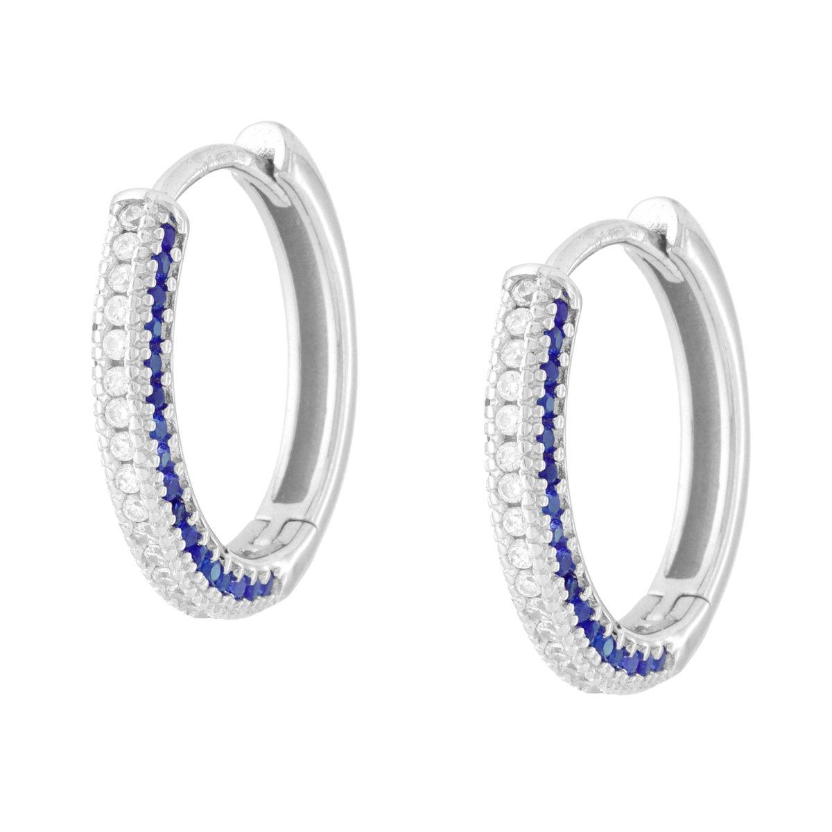 Orecchini Cerchio Scattino con Cubic Zirconia Blu Zaffiro e Bianco in ARGENTO 925 Galvanica Rodio