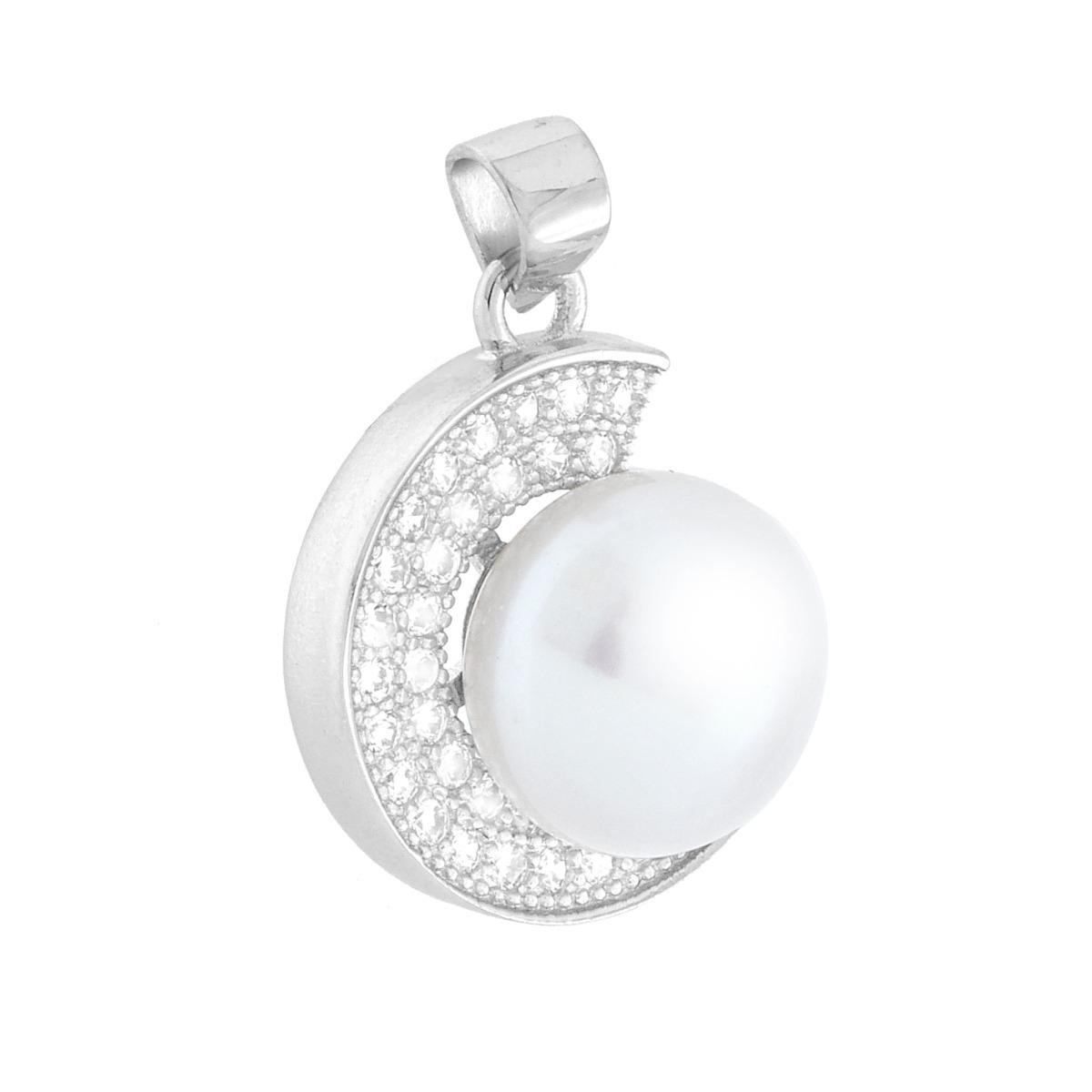 Ciondolo Perla Vetro Perlato contornata da Cubic Zirconia Bianchi in ARGENTO 925 Galvanica Rodio