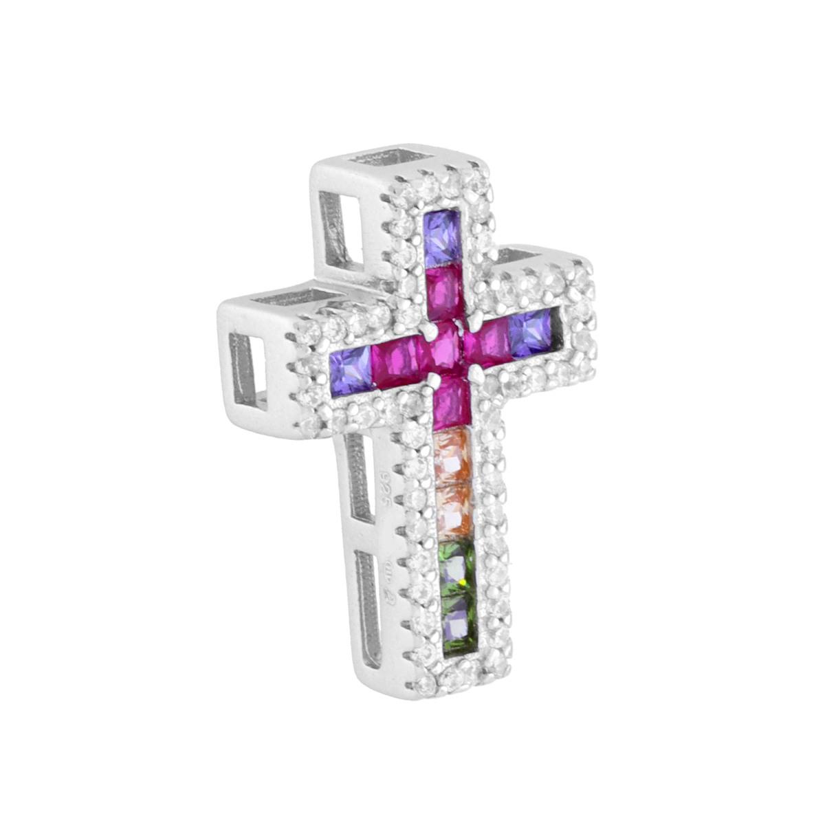 Ciondolo Croce Passante con Cubic Zirconia Multicolor in ARGENTO 925 Galvanica Rodio