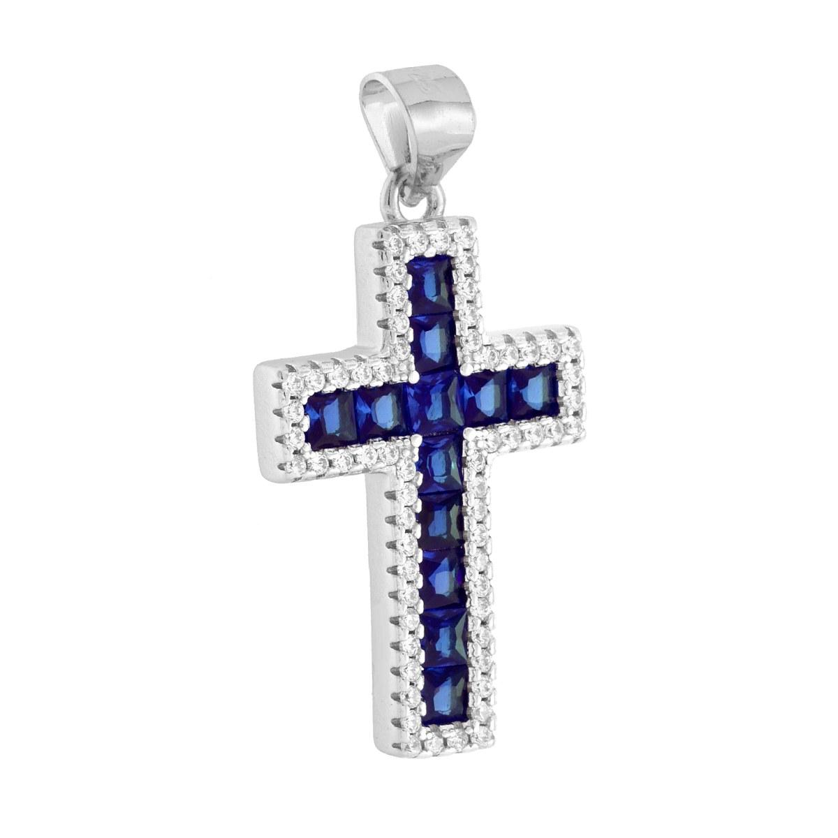 Ciondolo Croce con Cubic Zirconia Carre Blu Zaffiro contornati da Cubic Zirconia Bianchi in ARGENTO 925 Galvanica Rodio