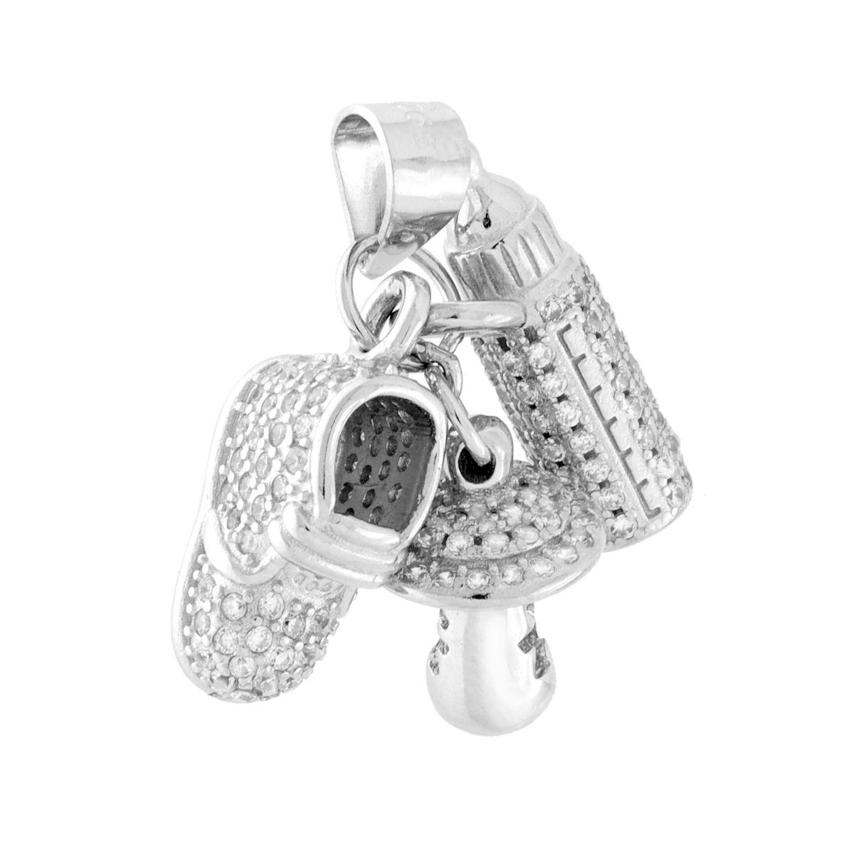 Ciondolo Nascita Bimbo Bimba Biberon Ciuccio e Scarpetta con Cubic Zirconia Bianchi in ARGENTO 925 Galvanica Rodio