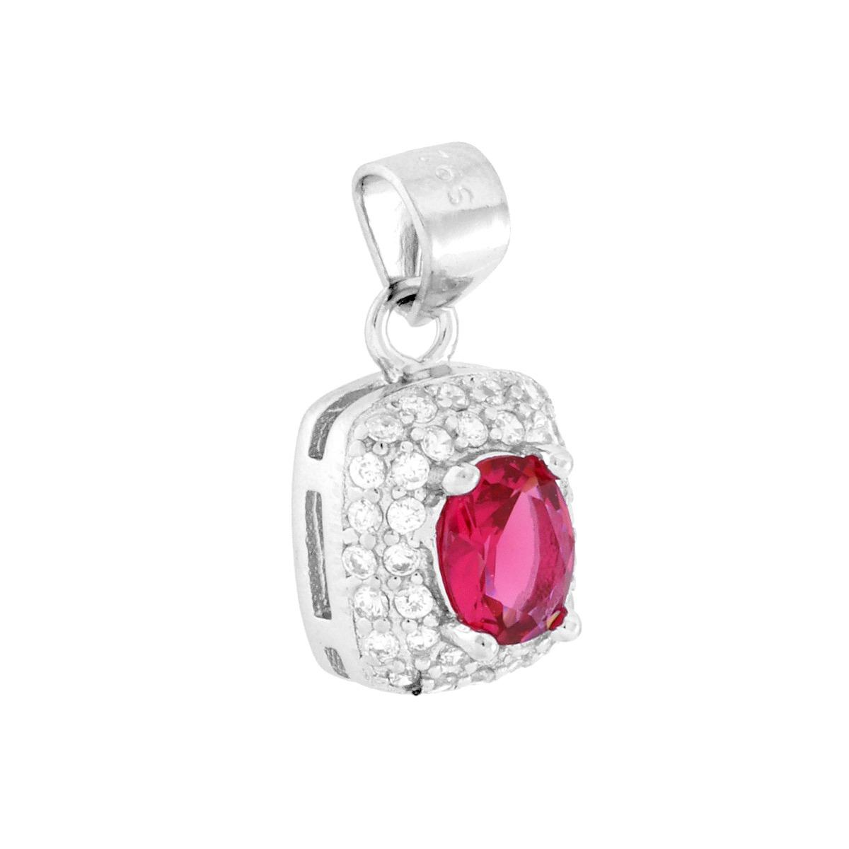 Ciondolo Rettangolare Cubic Zirconia Ovale Rosso Rubino contornato da Cubic Zirconia Bianchi in ARGENTO 925 Galvanica Rodio