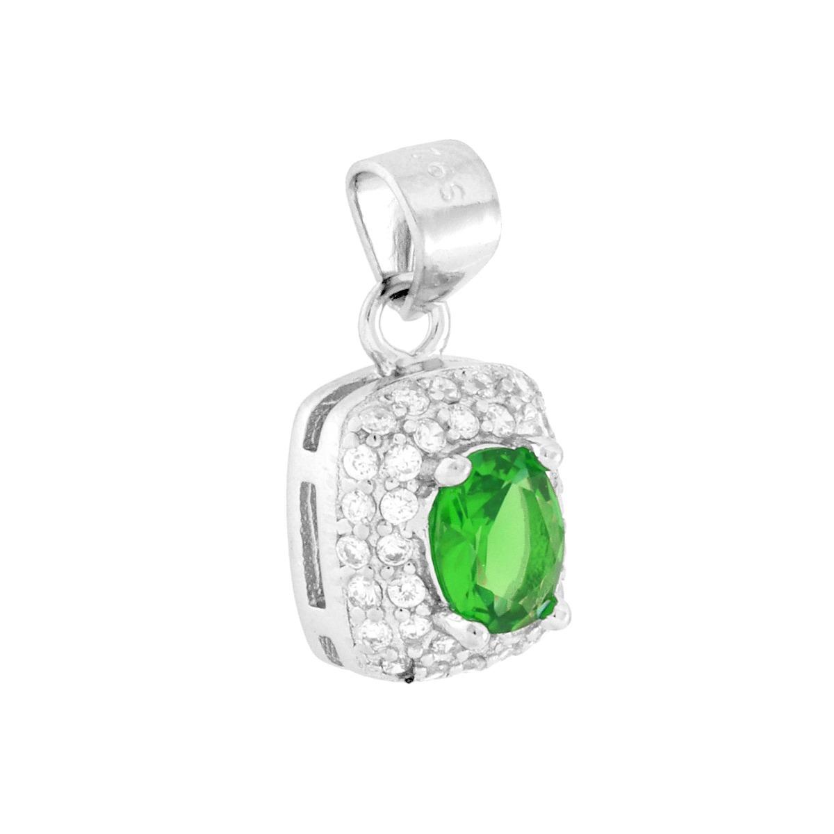 Ciondolo Rettangolare Cubic Zirconia Ovale Verde Smeraldo contornato da Cubic Zirconia Bianchi in ARGENTO 925 Galvanica Rodio
