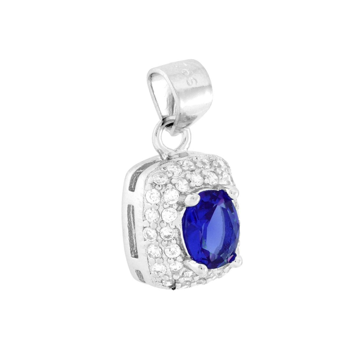 Ciondolo Rettangolare Cubic Zirconia Ovale Blu Zaffiro contornato da Cubic Zirconia Bianchi in ARGENTO 925 Galvanica Rodio