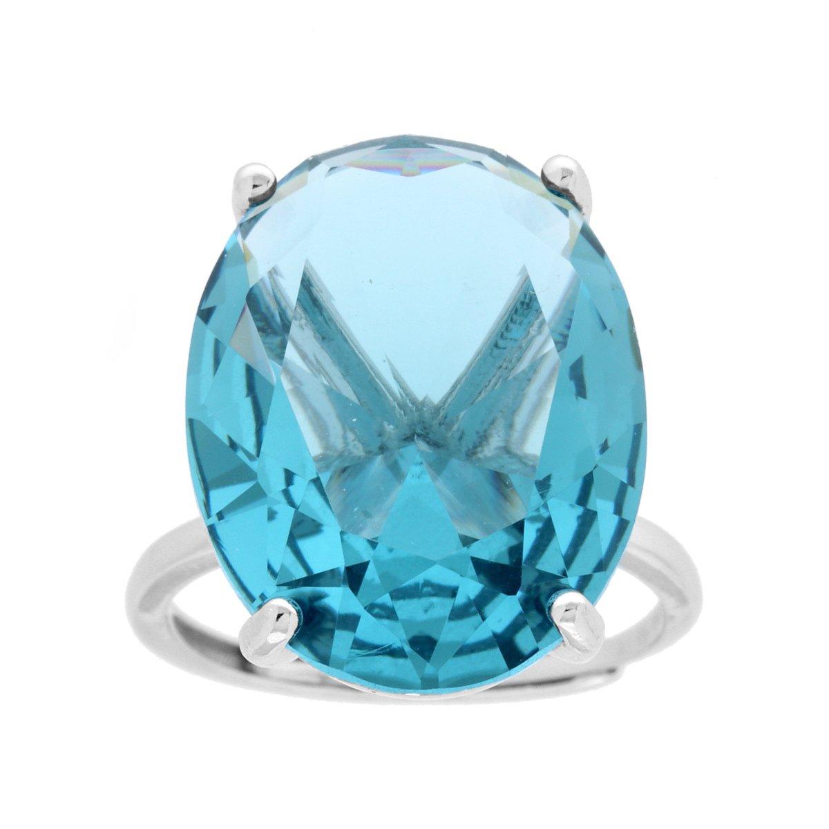 Anello Solitario Ovale Acquamarina Cubic Zirconia in ARGENTO 925 Galvanica Rodio