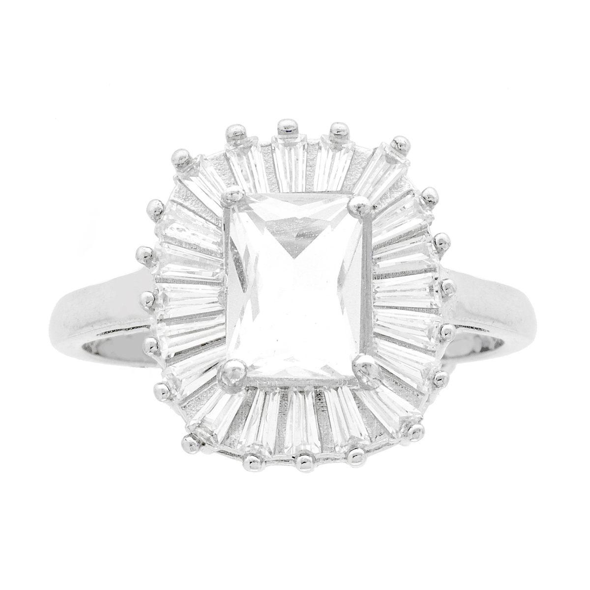 Anello Solitario Rettangolare Cubic Zirconia Bianco contornato da Cubic Zirconia Trapezio Bianchi in ARGENTO 925 Galvanica Rodio