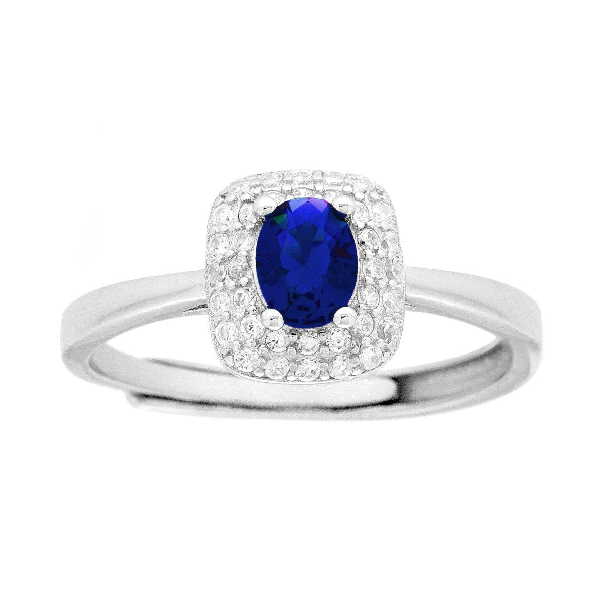 Anello Solitario Rettangolare Cubic Zirconia Ovale Blu Zaffiro contornato da Cubic Zirconia Bianchi in ARGENTO 925 Galvanica Rodio
