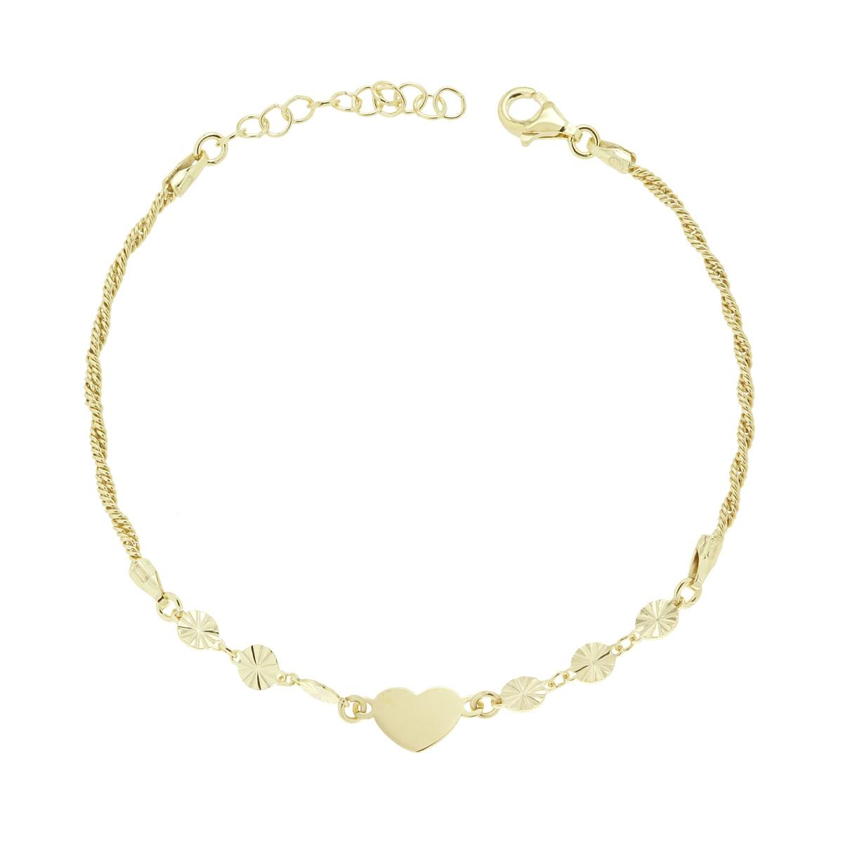 Bracciale Catena Intrecciata Diamantata con Cuore e Tondi Diamantati in ARGENTO 925 Galvanica Oro
