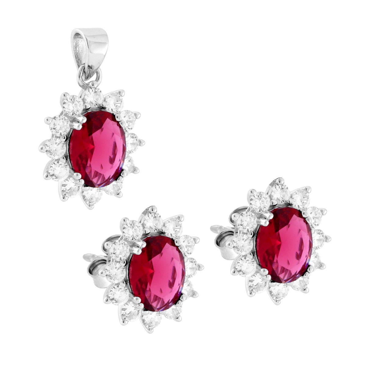 Parure Set Orecchini e Ciondolo Ovale Cubic Zirconia Rosso Rubino contornato da Cubic Zirconia Bianchi in ARGENTO 925 Galvanica Rodio