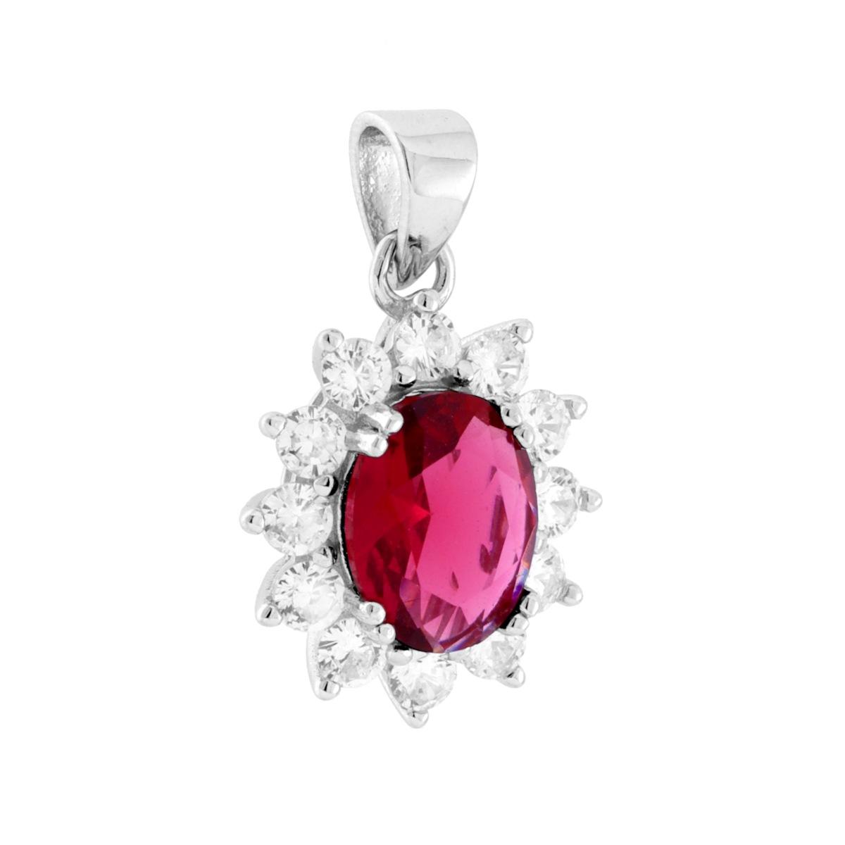 Parure Set Orecchini e Ciondolo Ovale Cubic Zirconia Rosso Rubino contornato da Cubic Zirconia Bianchi in ARGENTO 925 Galvanica Rodio