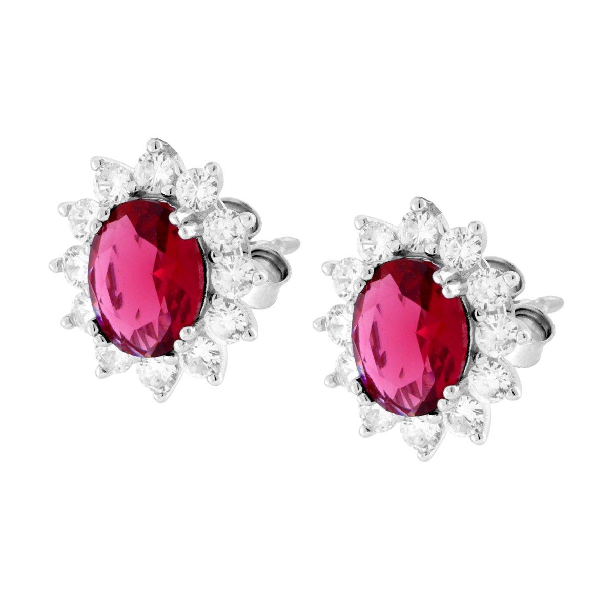 Parure Set Orecchini e Ciondolo Ovale Cubic Zirconia Rosso Rubino contornato da Cubic Zirconia Bianchi in ARGENTO 925 Galvanica Rodio