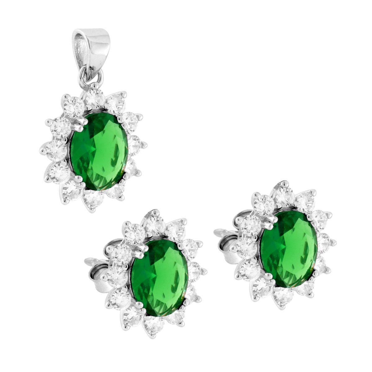 Parure Set Orecchini e Ciondolo Ovale Cubic Zirconia Verde Smeraldo contornato da Cubic Zirconia Bianchi in ARGENTO 925 Galvanica Rodio