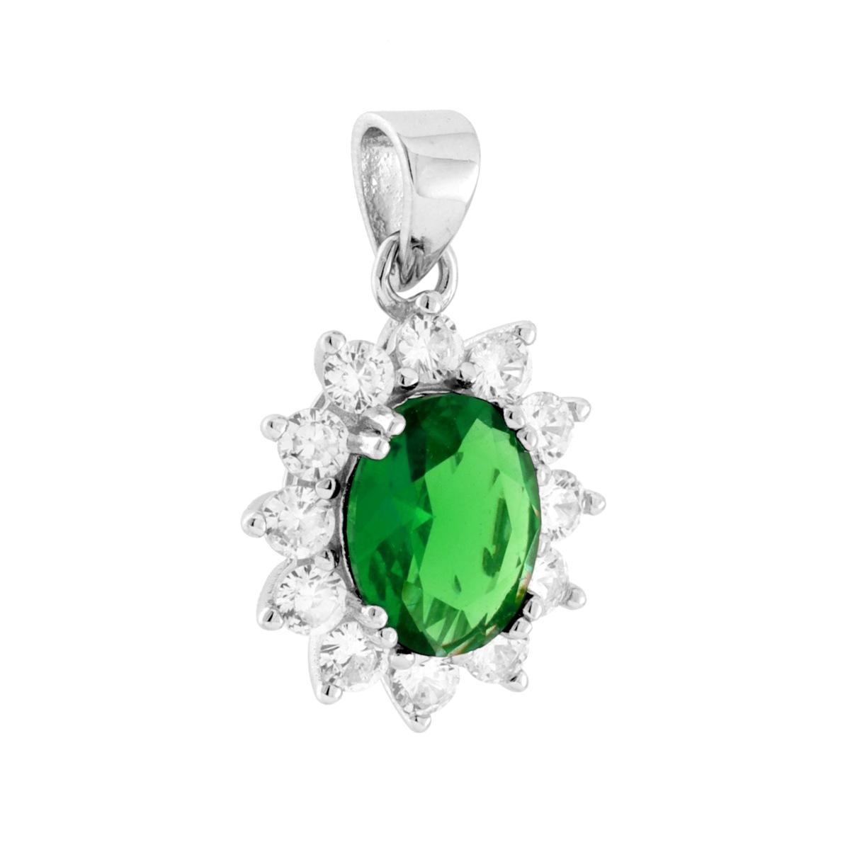 Parure Set Orecchini e Ciondolo Ovale Cubic Zirconia Verde Smeraldo contornato da Cubic Zirconia Bianchi in ARGENTO 925 Galvanica Rodio