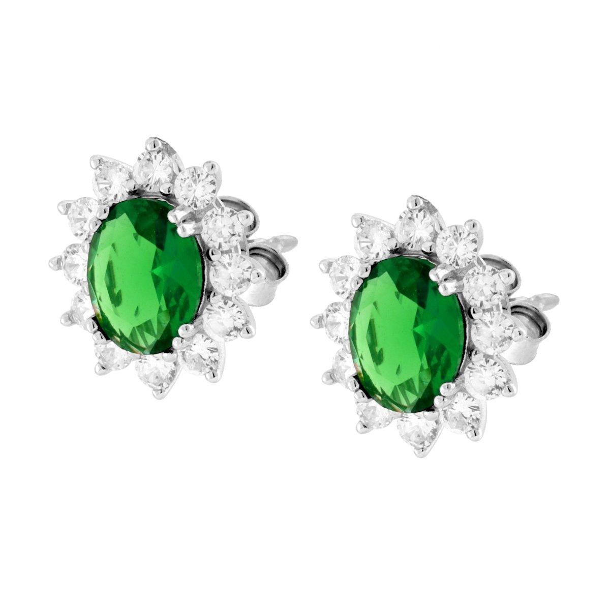 Parure Set Orecchini e Ciondolo Ovale Cubic Zirconia Verde Smeraldo contornato da Cubic Zirconia Bianchi in ARGENTO 925 Galvanica Rodio