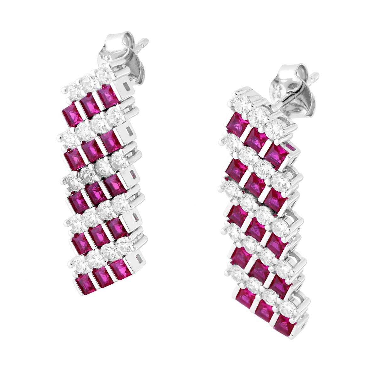 Orecchini Tennis Multiplo con Cubic Zirconia Rosso Rubino e Bianchi in ARGENTO 925 Galvanica Rodio