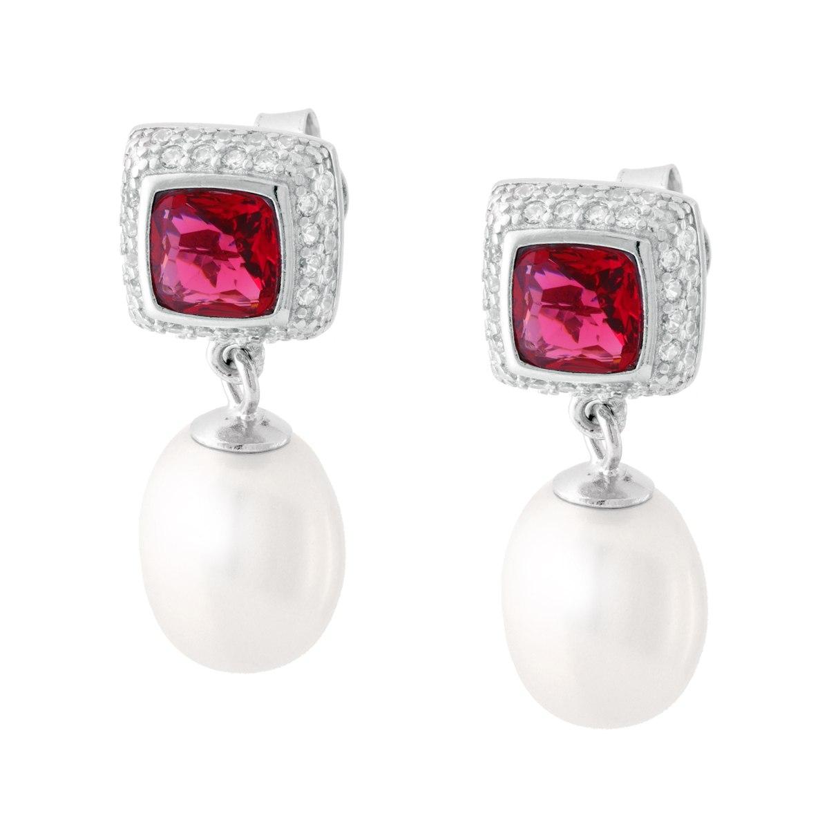 Orecchini Quadrati Rosso Rubino contornato da Cubic Zirconia Bianchi e Perla Ovale pendente in ARGENTO 925 Galvanica Rodio