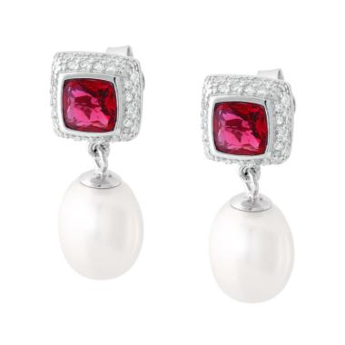Orecchini Quadrati Rosso Rubino contornato da Cubic Zirconia Bianchi e Perla Ovale pendente in ARGENTO 925 Galvanica Rodio