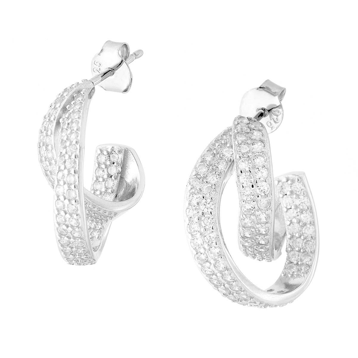 Orecchini Cerchio con due Nastri con Cubic Zirconia Bianchi in ARGENTO 925 Galvanica Rodio