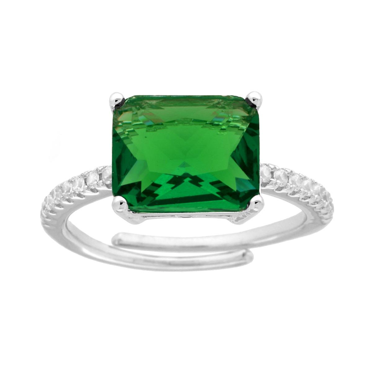 Anello Solitario Rettangolo Verde Smeraldo con Cubic Zirconia Bianchi in ARGENTO 925 Galvanica Rodio