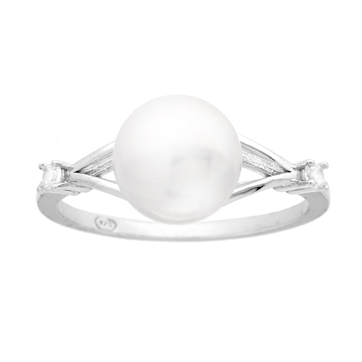 Anello con Perla Bianca e Cubic Zirconia Bianchi in ARGENTO 925 Galvanica Rodio