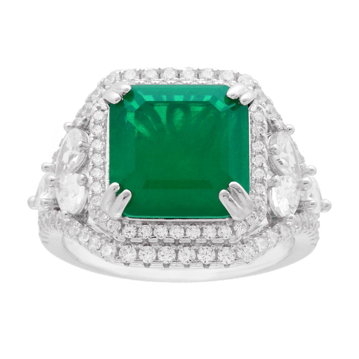 Anello Solitario Quadrato Verde Smeraldo contornato da Cubic Zirconia Bianchi in ARGENTO 925 Galvanica Rodio