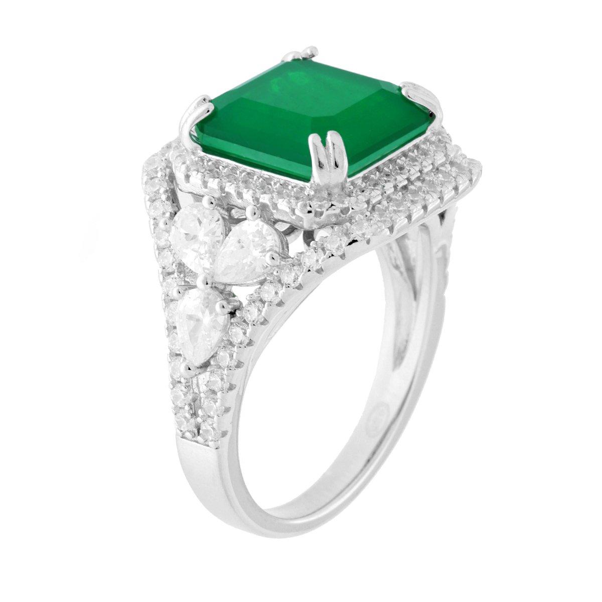Anello Solitario Quadrato Verde Smeraldo contornato da Cubic Zirconia Bianchi in ARGENTO 925 Galvanica Rodio